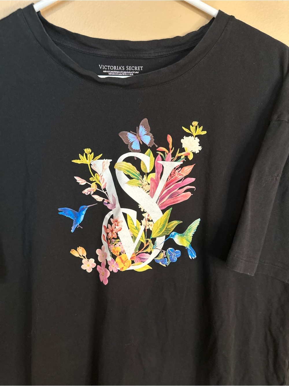 Victoria's Secret Black sleep shirt  Colorful Floral & Hummingbird Logo